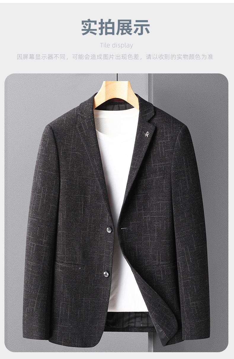 毛料西服男2021秋冬新款弹力免烫格纹男式休闲小西装外套修身单西