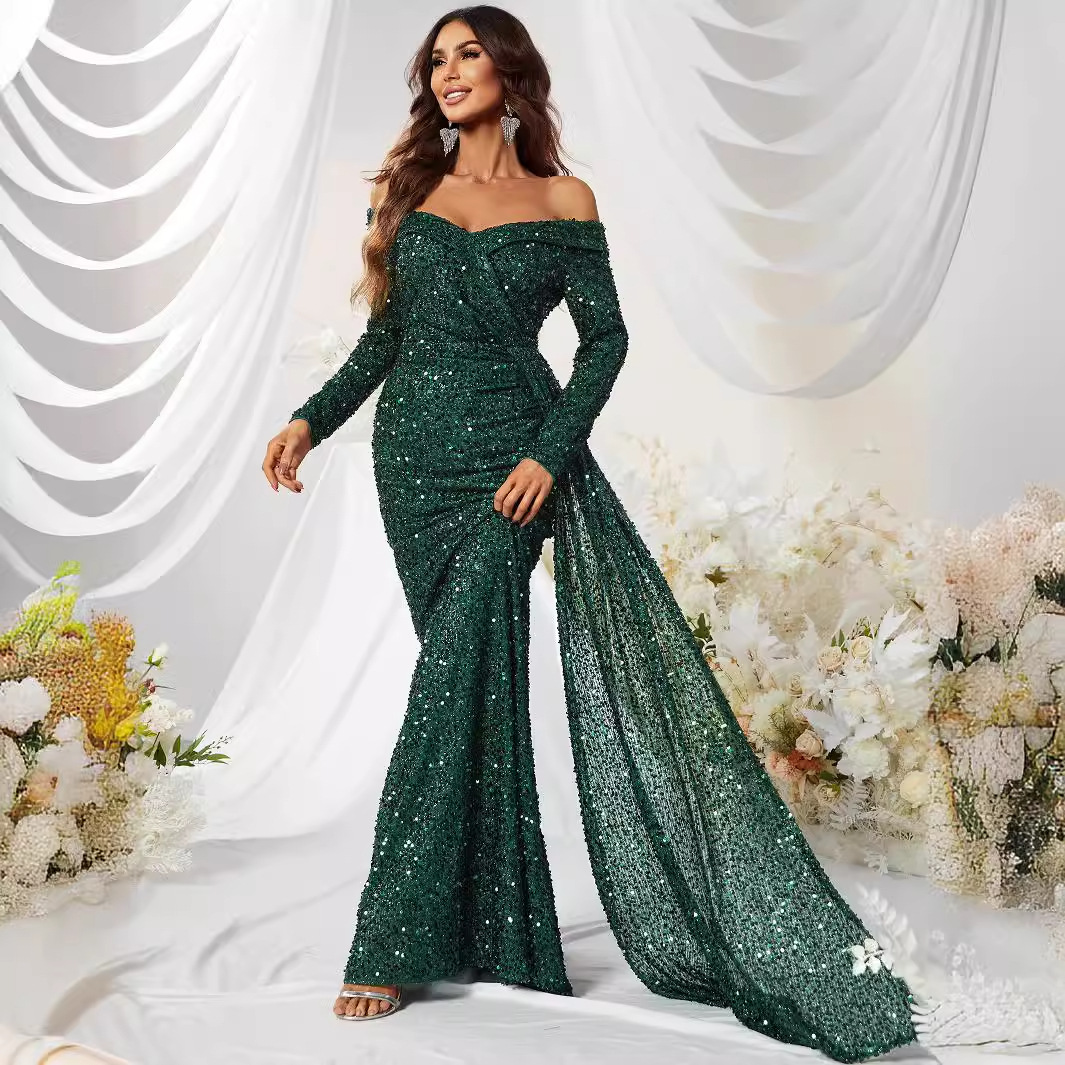 跨境晚宴礼服高级 亮片一字肩长袖舞会礼服裙鱼尾长裙-mgw480