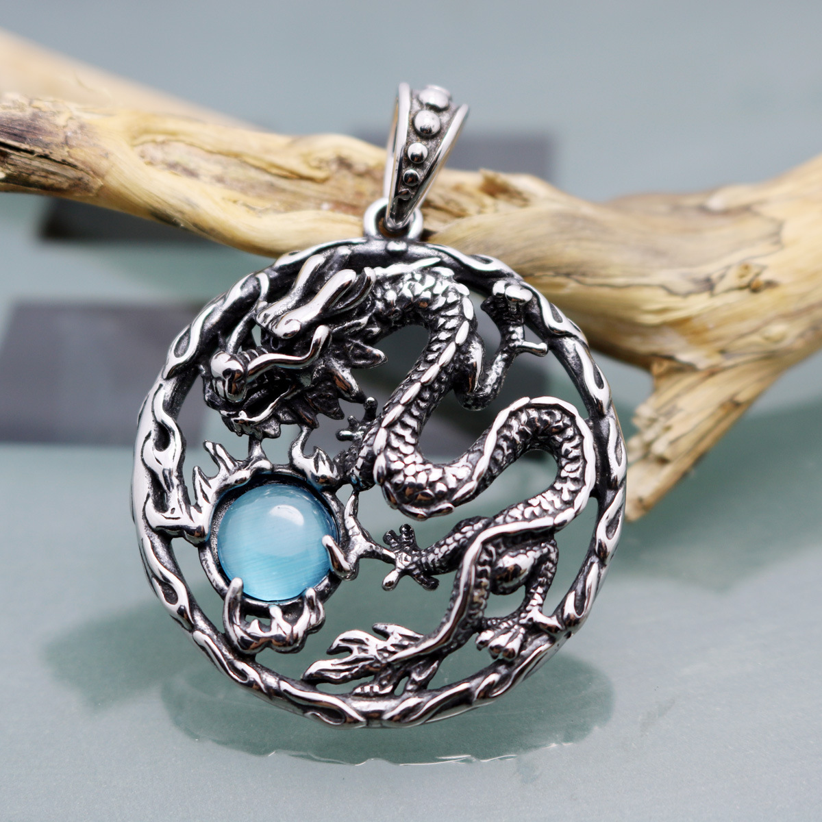 新产品中国风复古316不锈钢霸气龙图腾神龙戏珠吊坠项坠项链