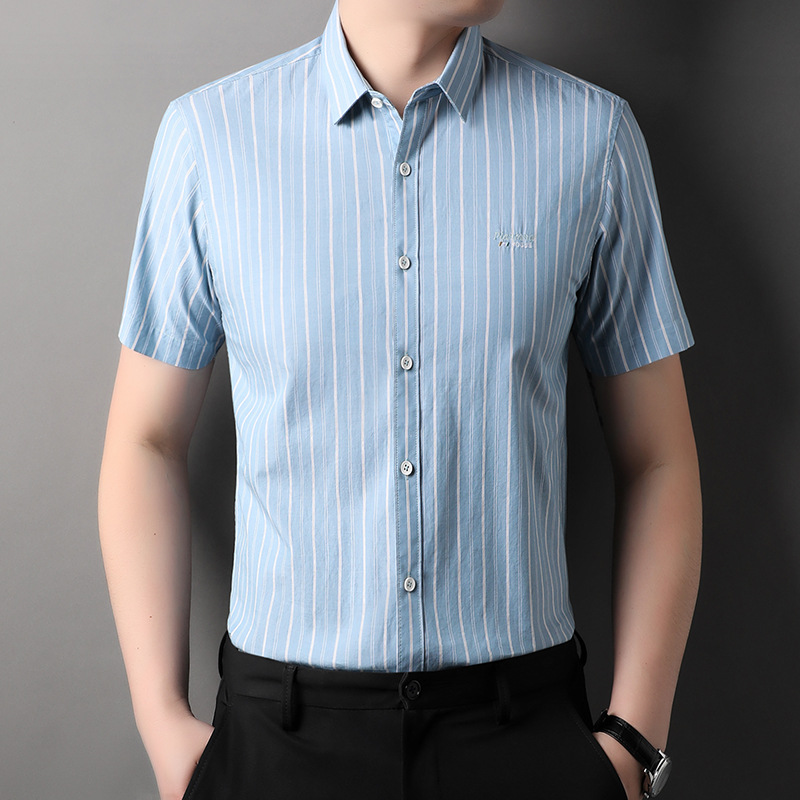 纯棉免烫衬衫男短袖夏季2024新款商务条纹中年男士全棉衬衣一代发