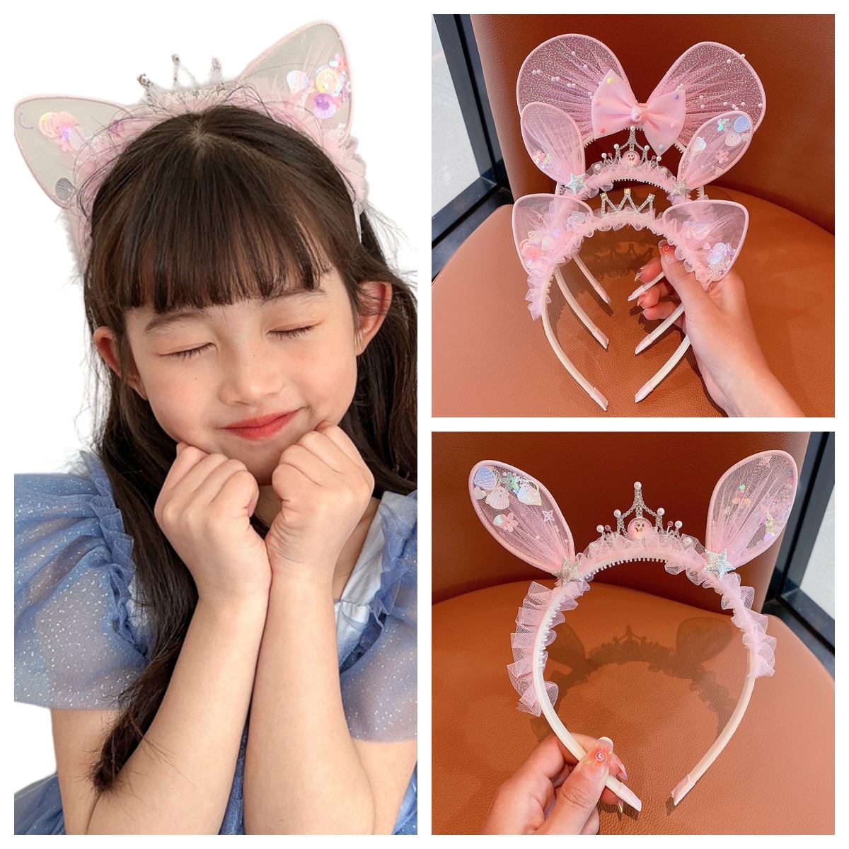 小女孩可爱粉色蝴蝶结发箍女童兔耳朵头箍儿童皇冠头饰宝宝发饰