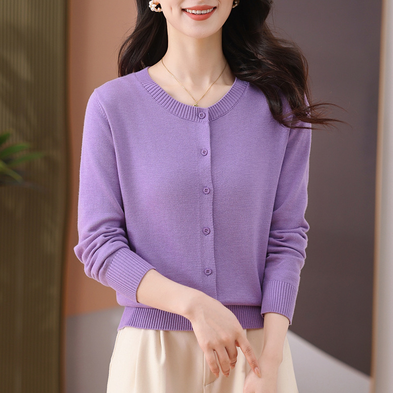 圆领精纺羊毛针织开衫女士纯色宽松气质通勤休闲简约长袖系扣外套