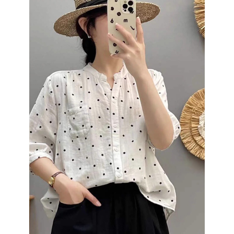 夏季双层棉纱碎花衬衫减龄大码中袖衬衣时尚减龄休闲上衣女装