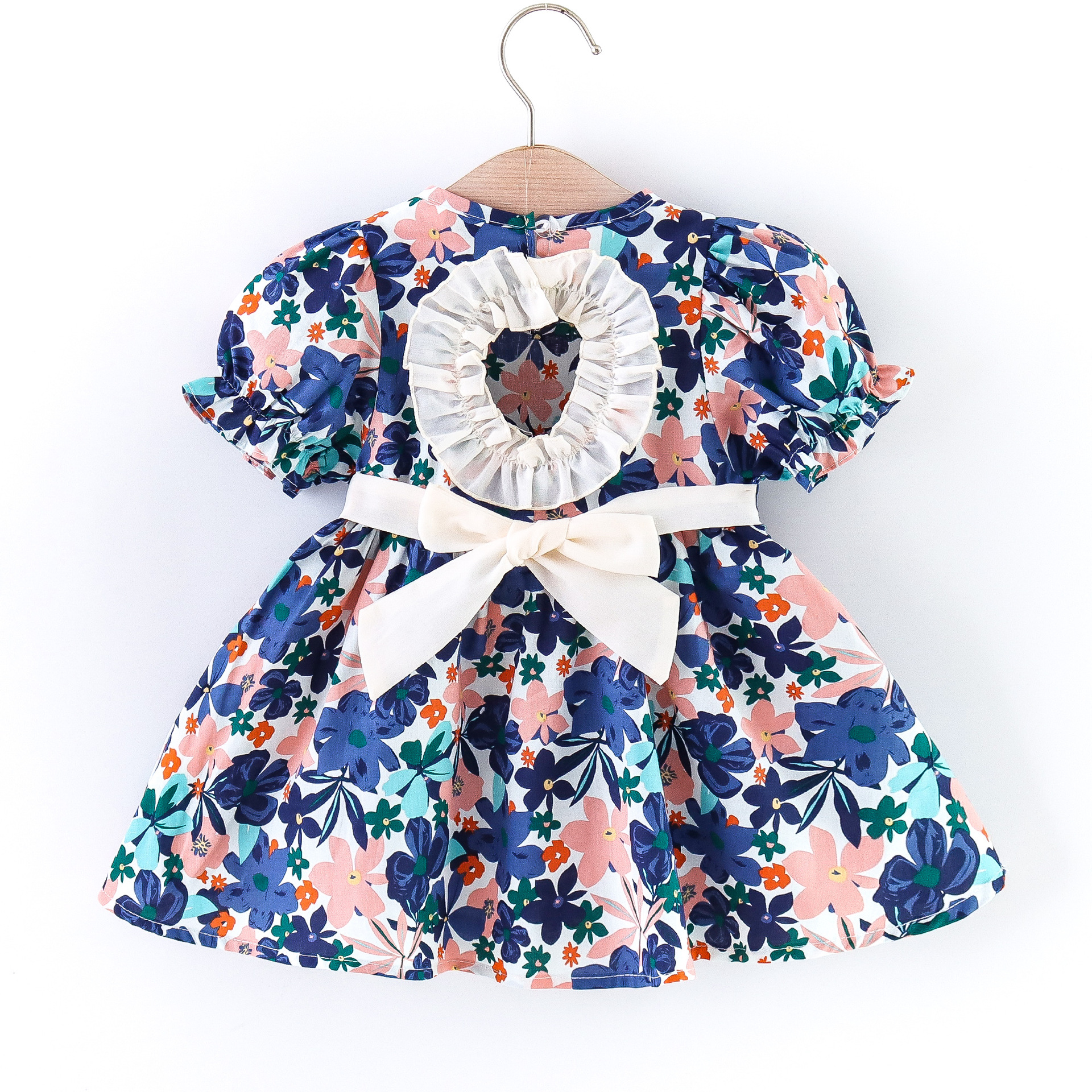 童装女童连衣裙夏季新款泼墨大花圆领泡泡袖花边后开背法式公主裙