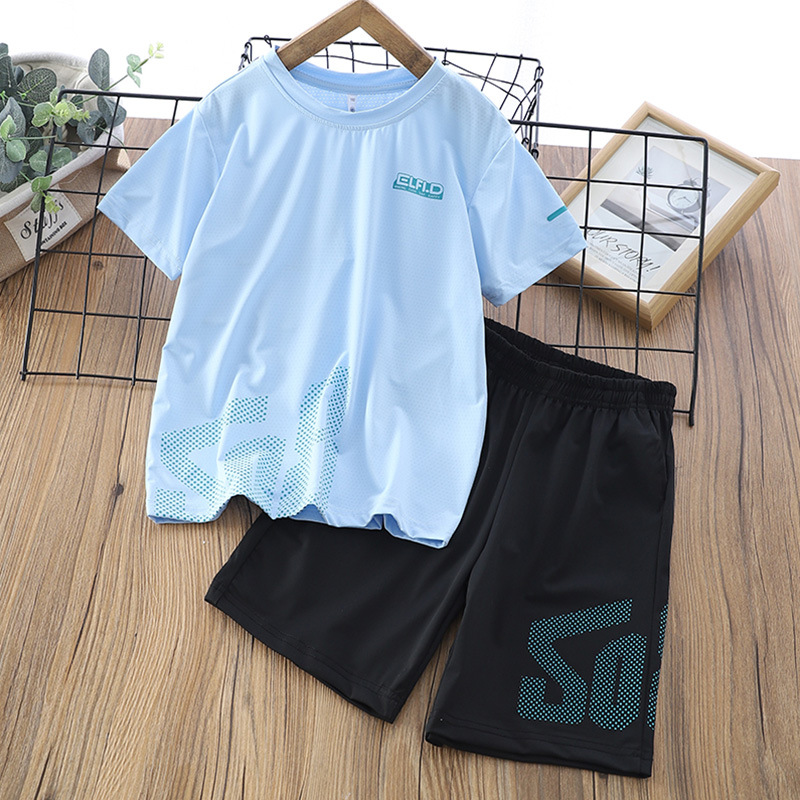 Children's Quick Drying Clothes Suit 2024 Summer New Ice Silk Short Sleeve Shorts Two-Piece Medium and Big Children's Thin Casual Wear