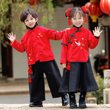 男女童中国风流云飞鹤冬季汉服加绒男女童中国风刺绣套装表演服