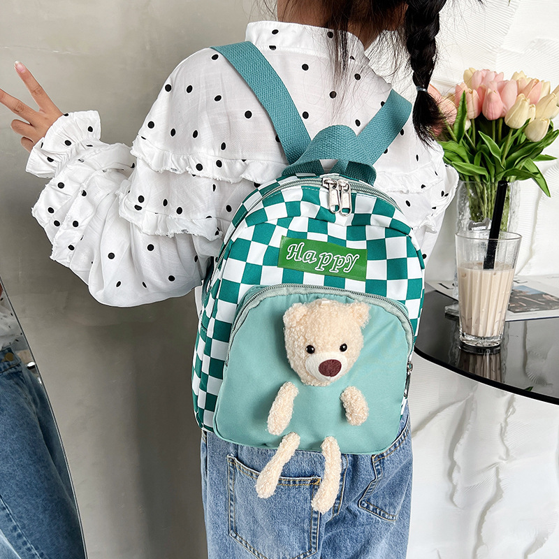 Chessboard Children's Backpack 2023 Cross-Border New Arrival Simple Bear Children's Schoolbag Kindergarten Institution Backpack Fashion