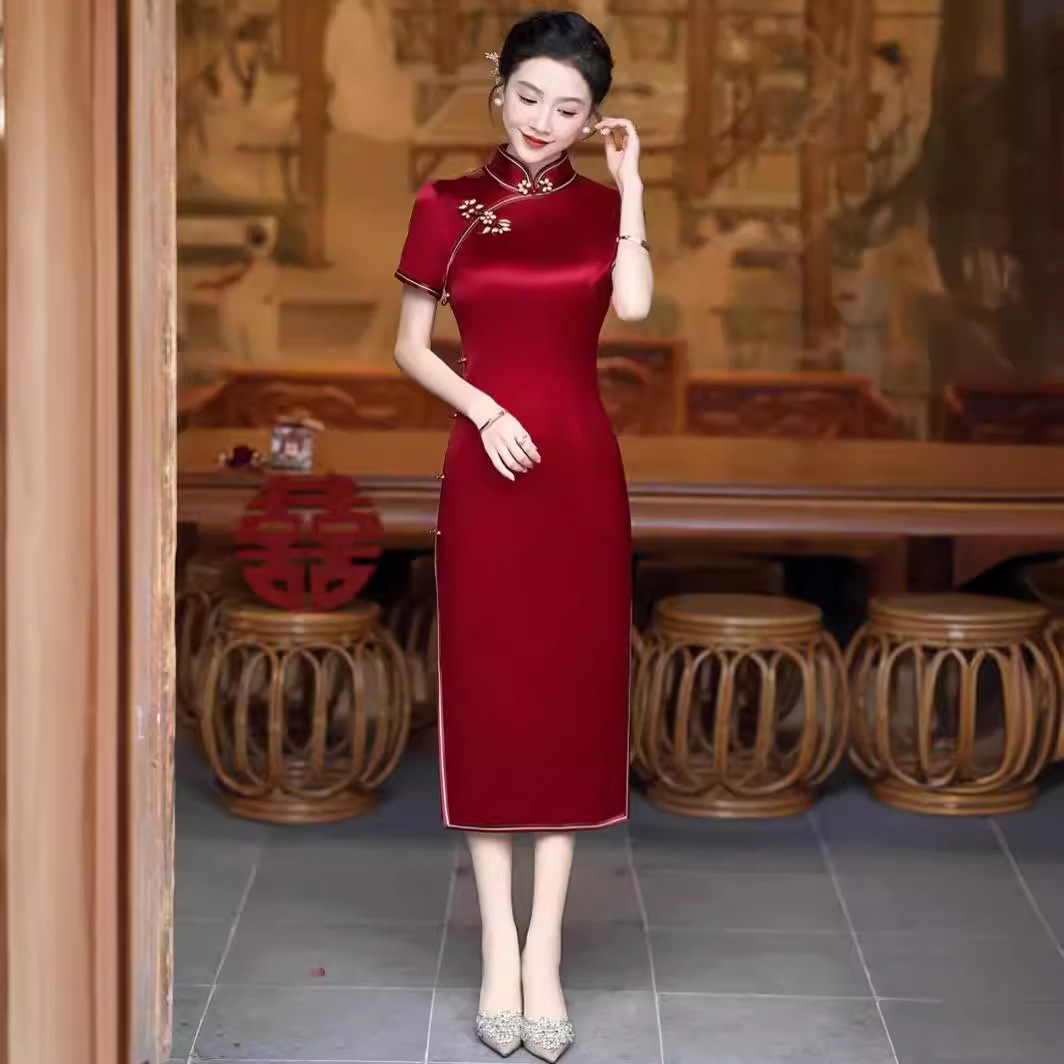 高档喜婆婆醋酸旗袍2024新款夏季改良新中式国风喜妈妈婚宴装礼服