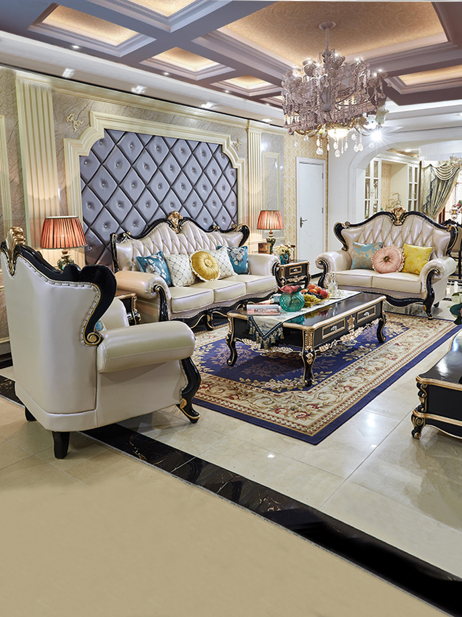 欧式沙发组合黑檀实木头层牛皮橡木雕花别墅客厅家具