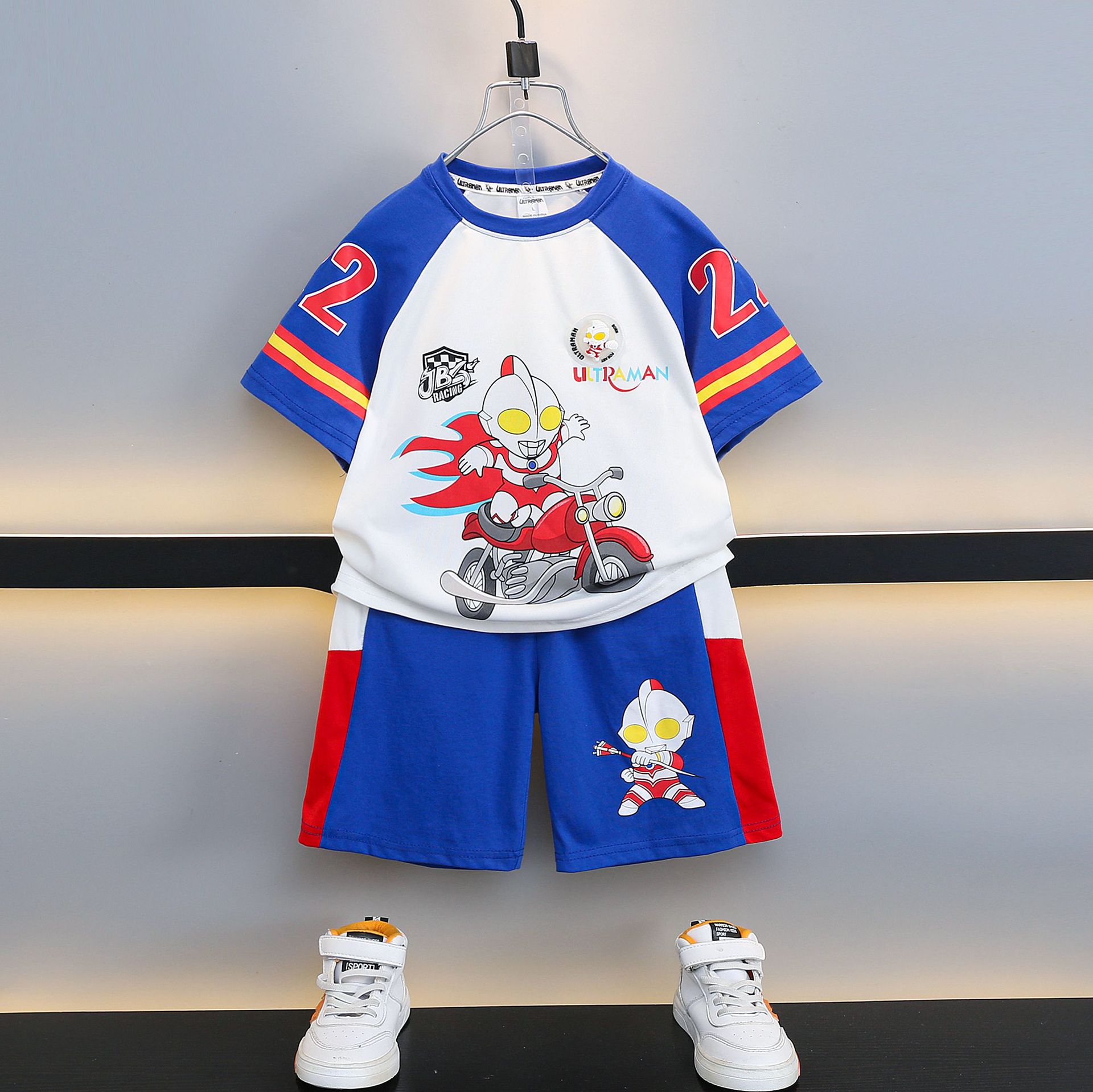 男童夏季短袖奥特曼骑摩托车套装2024新款儿童夏装披风三件套宝宝