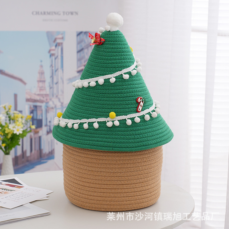 Nordic Christmas Tree Cotton Thread Storage Basket Woven Desktop Snack Toy Bedside with Lid Cosmetic Storage Organizing Basket