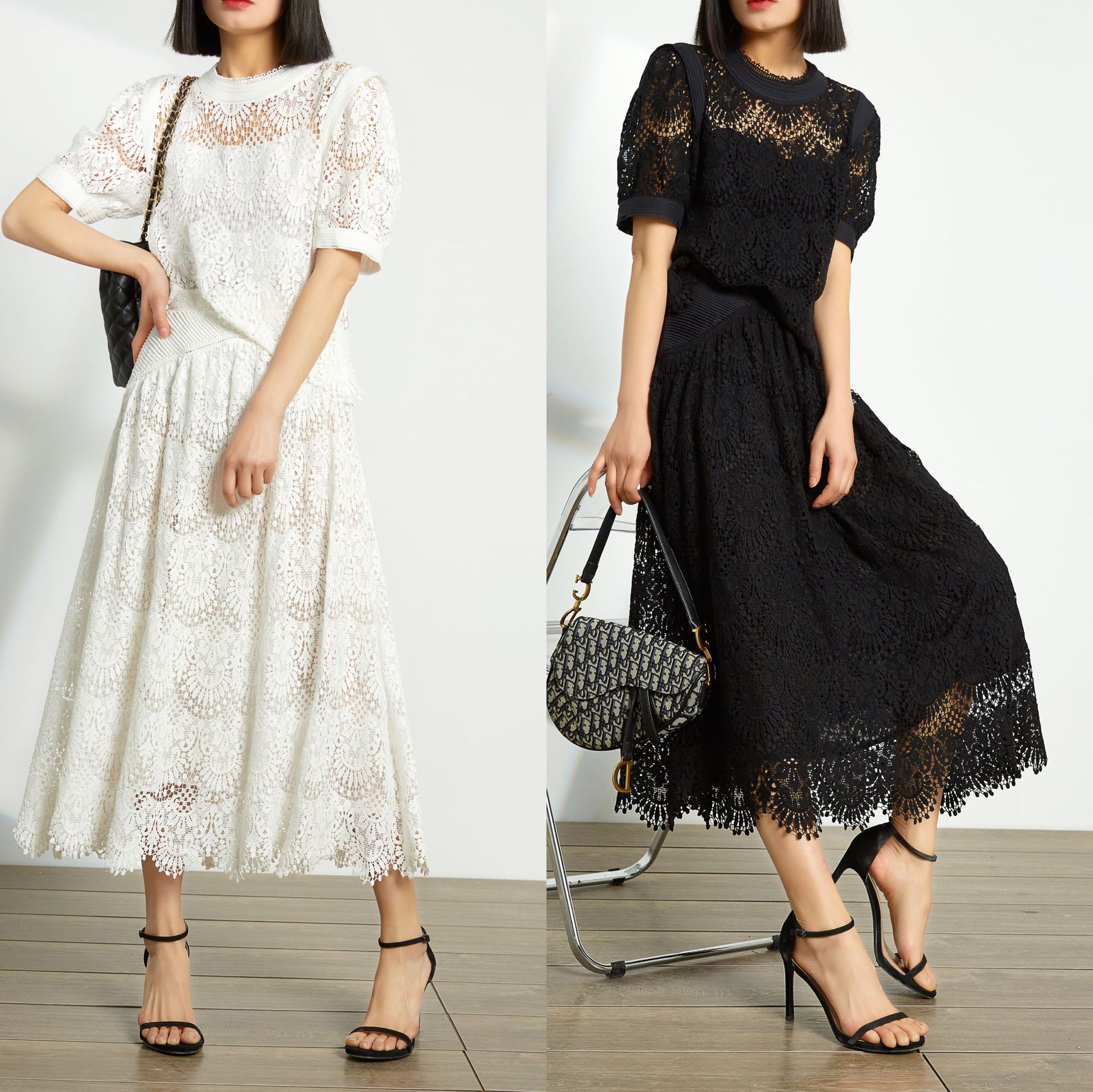 idaxo原单 水溶蕾丝长半裙 法式复古优雅 重工打褶蕾丝a字半身裙