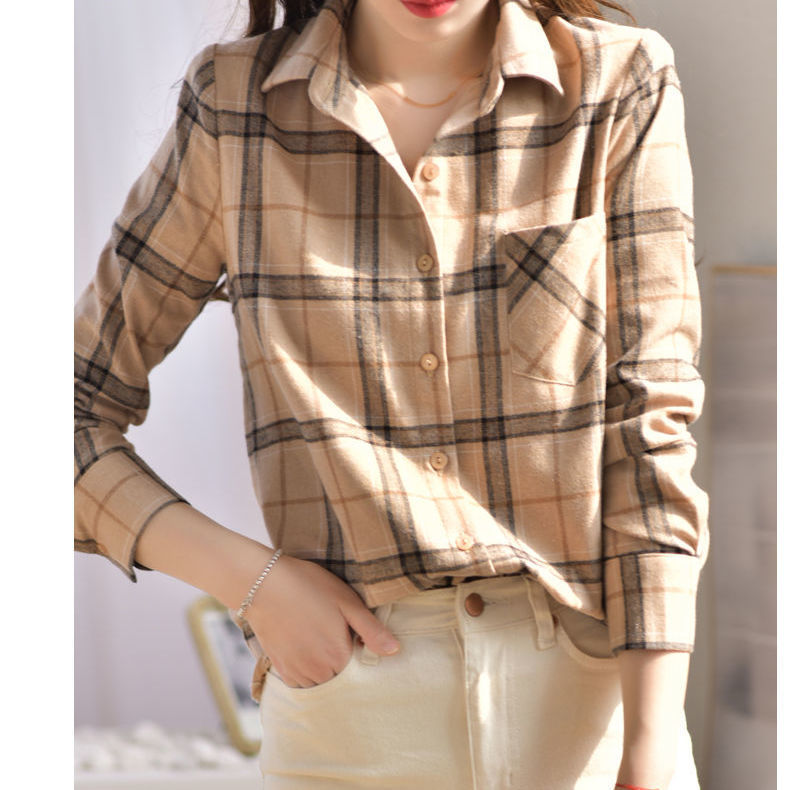 韩版磨毛格子衬衫女长袖衬衣春秋新款复古英伦风打底衫外搭上衣