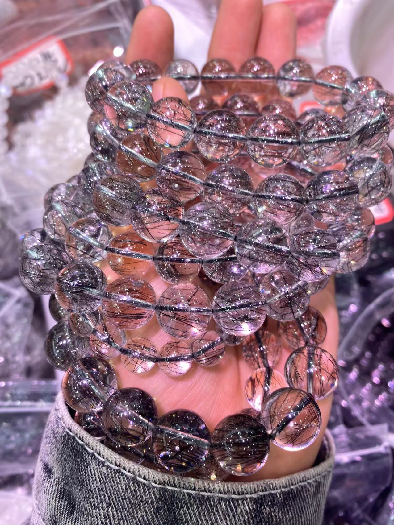 矿宝水晶 天然能量晶石 发晶手串 发丝密集晶体透黑发晶手链批发