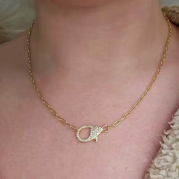 欧美新品925纯银龙虾扣锆石项链钥匙扣吊坠时尚百搭锁骨链颈链女