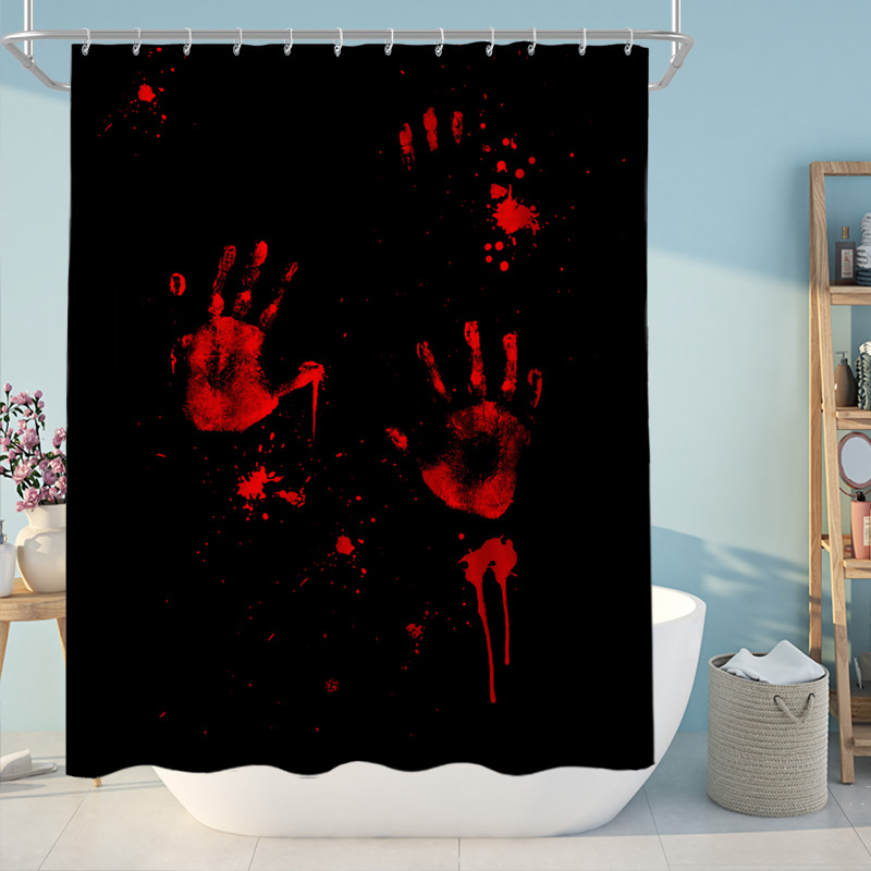 浴帘四件套红色血手印黑色背景红手印手掌万圣节工厂直发一件代发