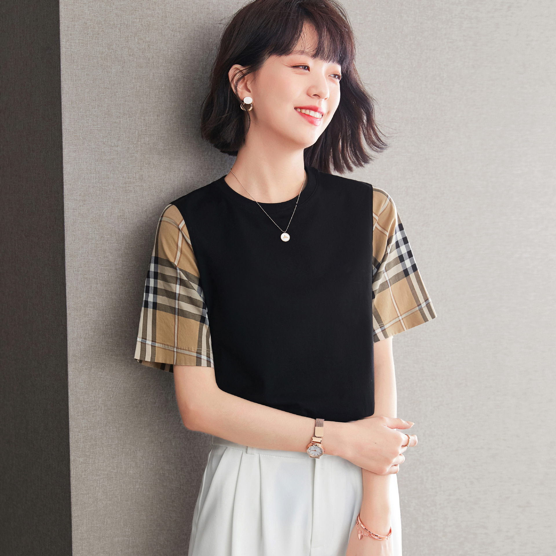 格子拼接短袖t恤女图片