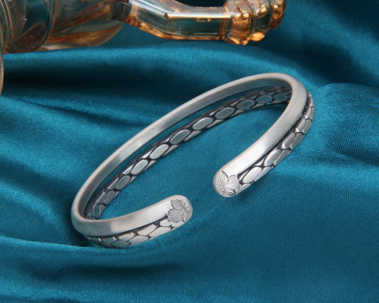 s999足银手镯中国风复古哑光纯银镯子双层莲花纹理泰银开口手环女