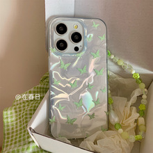 在春日简约绿蝴蝶感双层印花手机壳适用15promax/14新款iPhone15p