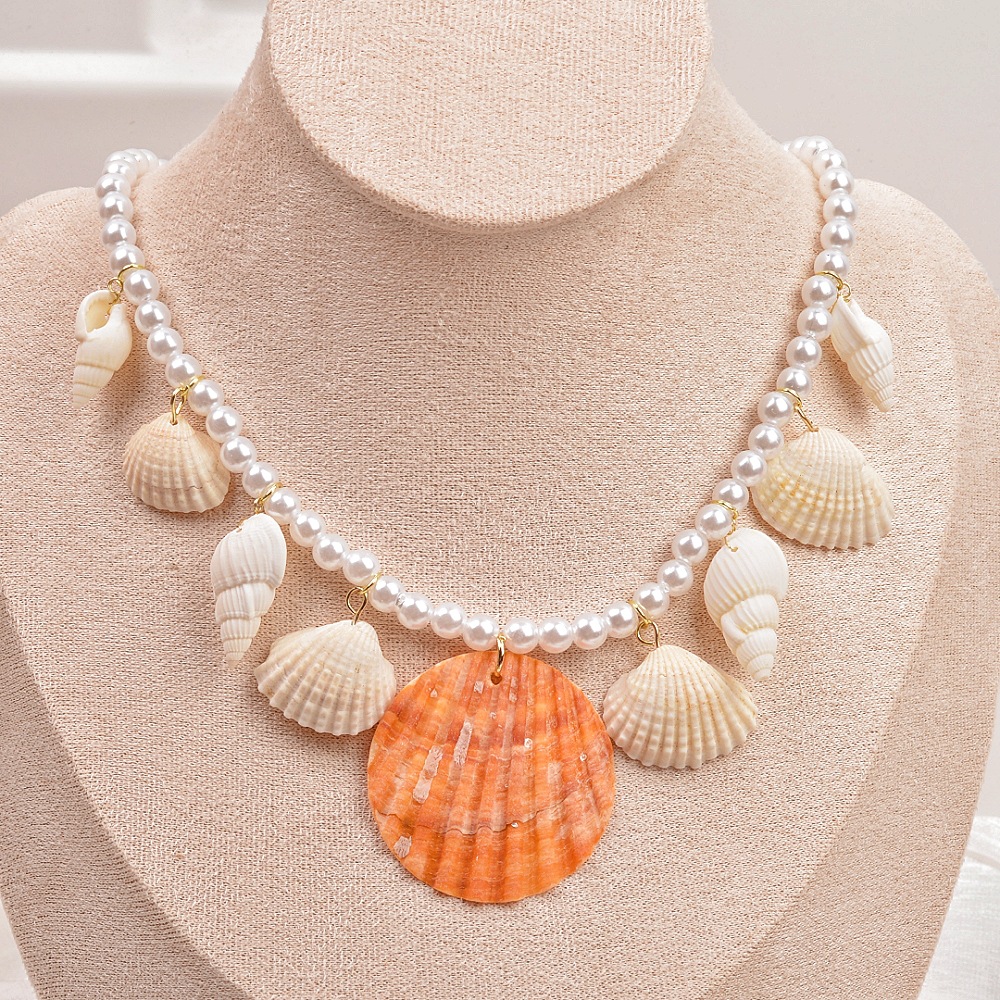 欧美跨境沙滩合金海螺吊坠项链 复古波西米亚珍珠链条贝壳项链