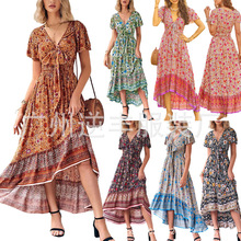 亚马逊女装欧美外贸新款短袖系带波西米亚连衣裙度假沙滩裙长裙夏
