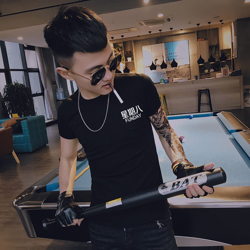 社会精神小伙紧身短袖快手红人同款短袖t恤修身潮流字母男上衣潮