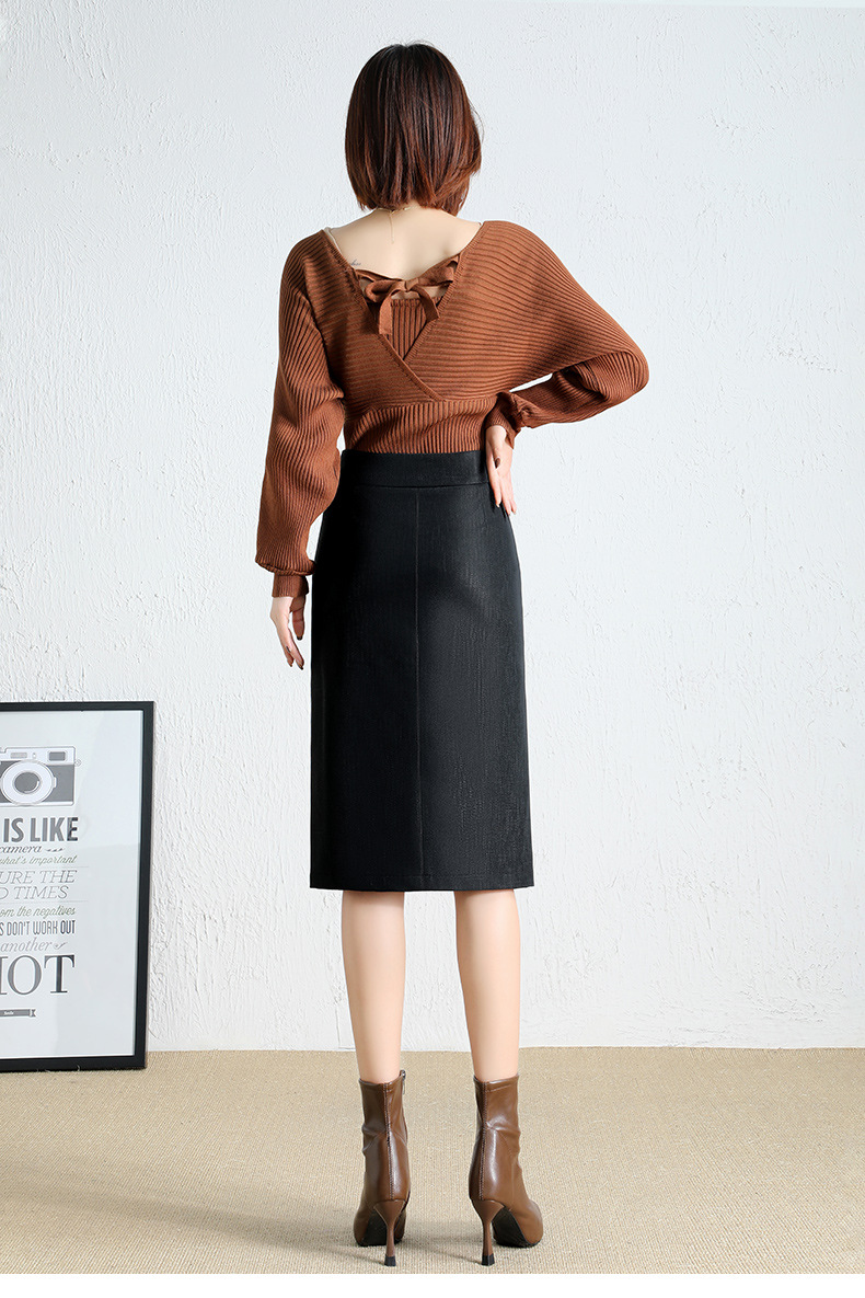 针织半身裙女秋冬新款韩版显瘦包臀裙中长通勤高腰筒裙开叉一步裙