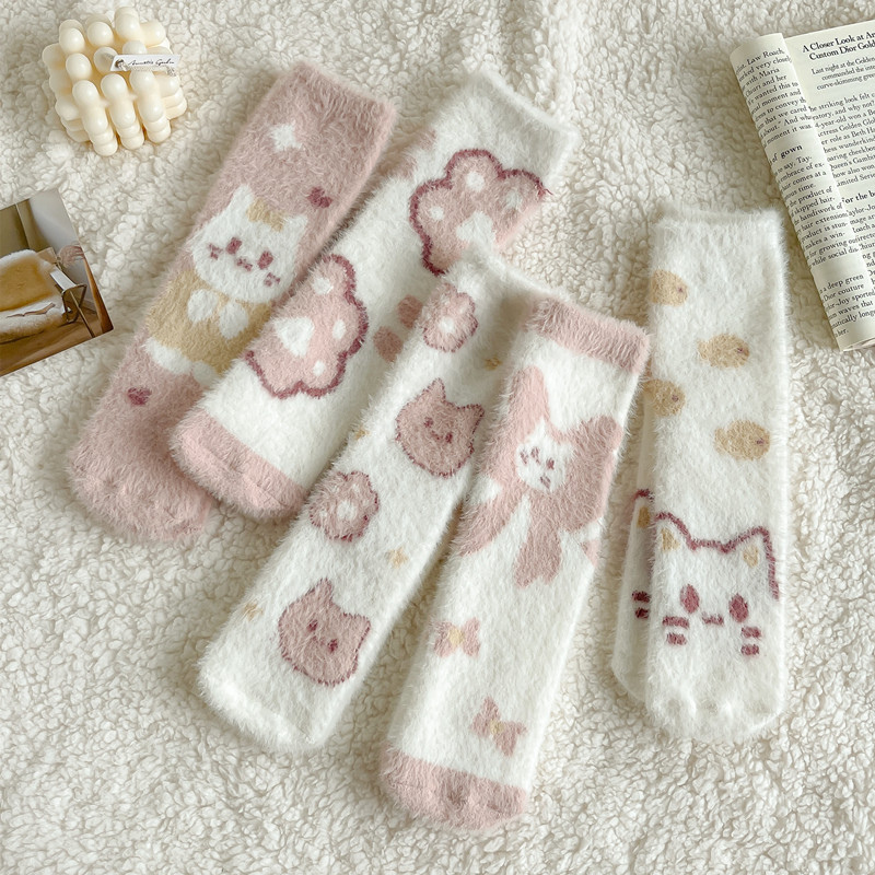 水貂绒袜子女中筒猫咪款家居睡眠袜地板袜毛绒袜子-阿里巴巴