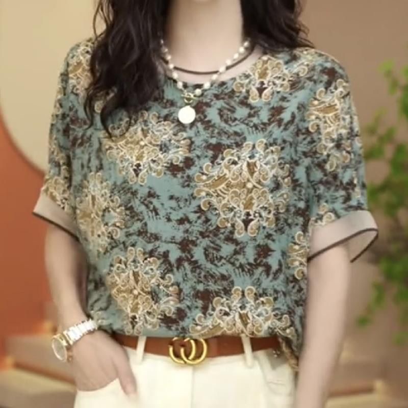 Women's Chiffon Shirt Summer New Versatile Outerwear Small Shirt Elegant Middle-Aged Mom Wear Belly Covering Anti-Aging Casual Top