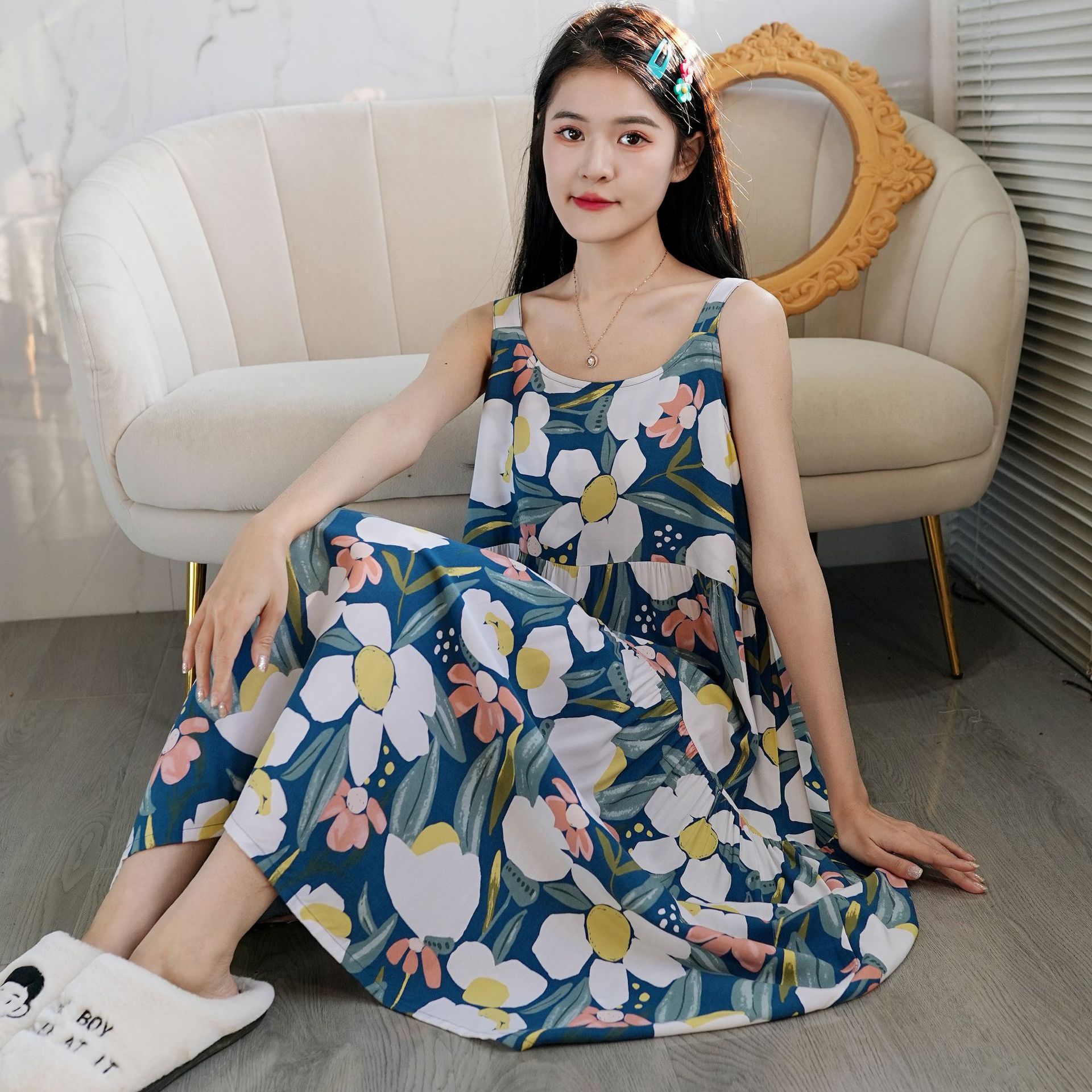 Summer New Artificial Cotton Nightdress Women's Sling Sweet Home Wear Fairy Style Cute Loose Printed Wide Shoulder Strap Nightdress