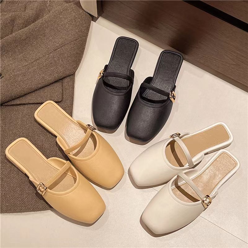 夏新款韩版镂空包头半拖鞋女网红同款时尚金扣休闲平底女拖鞋