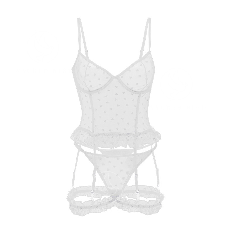 Fashion Printing European and American plus Size Mesh Lace Sexy Three-Piece Suit Sexy T-Shaped Beauty Back Ladies Gathering Bra