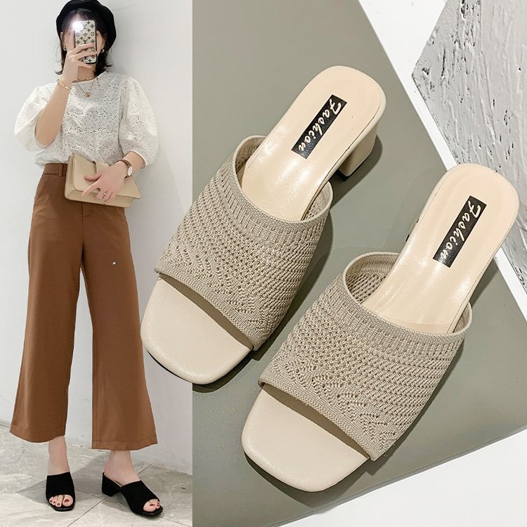 Mid Heel Slippers Women's Summer 2020 New Korean Style Flyknit Outerwear Fashion Women's Sandals Wholesale Delivery