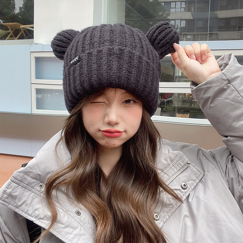 Internet Celebrity Same Cute Bear Woolen Cap Women's Korean-Style Letter Knitted Hat Men's Cold-Proof Warm Earflaps Slipover Hat