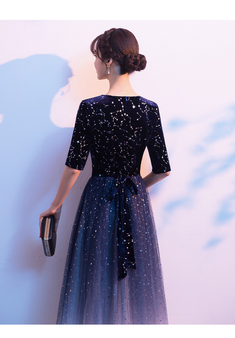 2021新款星空晚礼服女艺考主持人服装合唱团演出服中袖新娘敬酒服