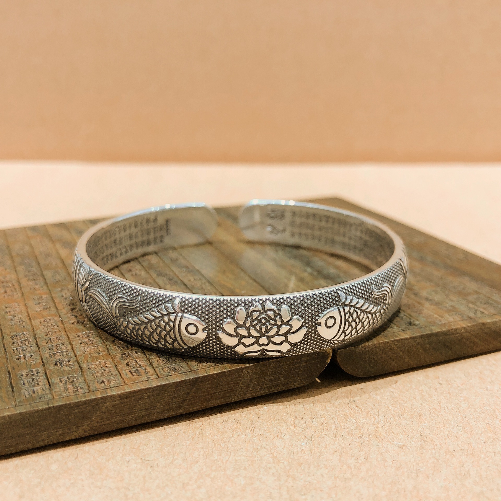 福氏银手镯足银999双鱼戏莲小众设计复古做旧心经底纯银手镯女