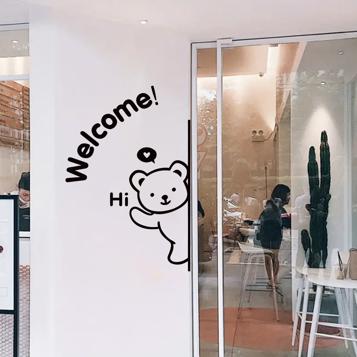 可爱小熊欢迎光临标语自粘玻璃贴双面可视商场橱窗玻璃门贴br881