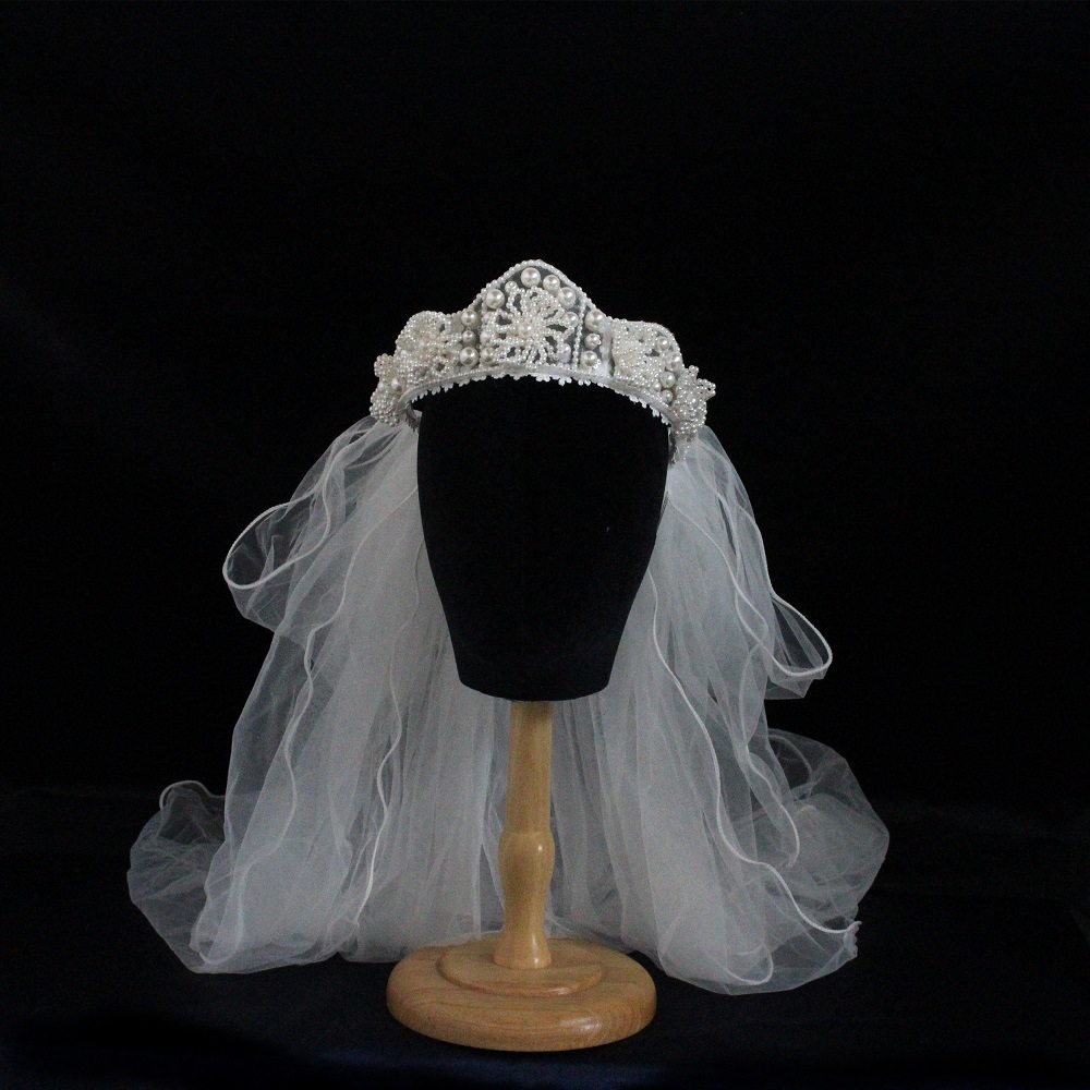 新娘圆形手工钉珠皇冠头纱一体王冠头饰发箍结婚发饰婚纱配饰品仙