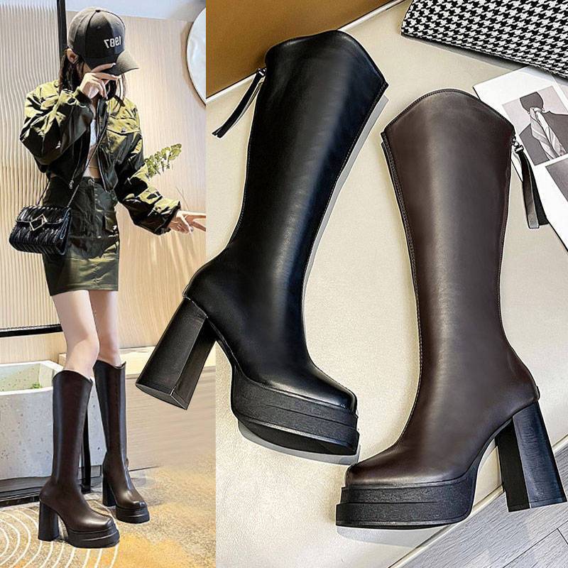 长靴女防水台软皮高跟靴复古粗跟圆头不过膝靴高筒骑士靴一件代发