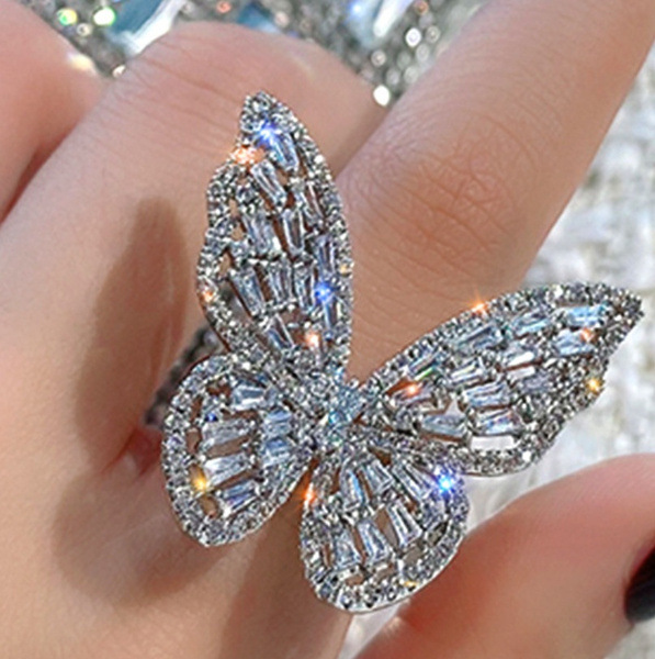 Hesheng Ins Internet Celebrity Same Butterfly Ring Fairy Temperamental Zircon-like Crystal Personalized Exaggerated Hipster Ring