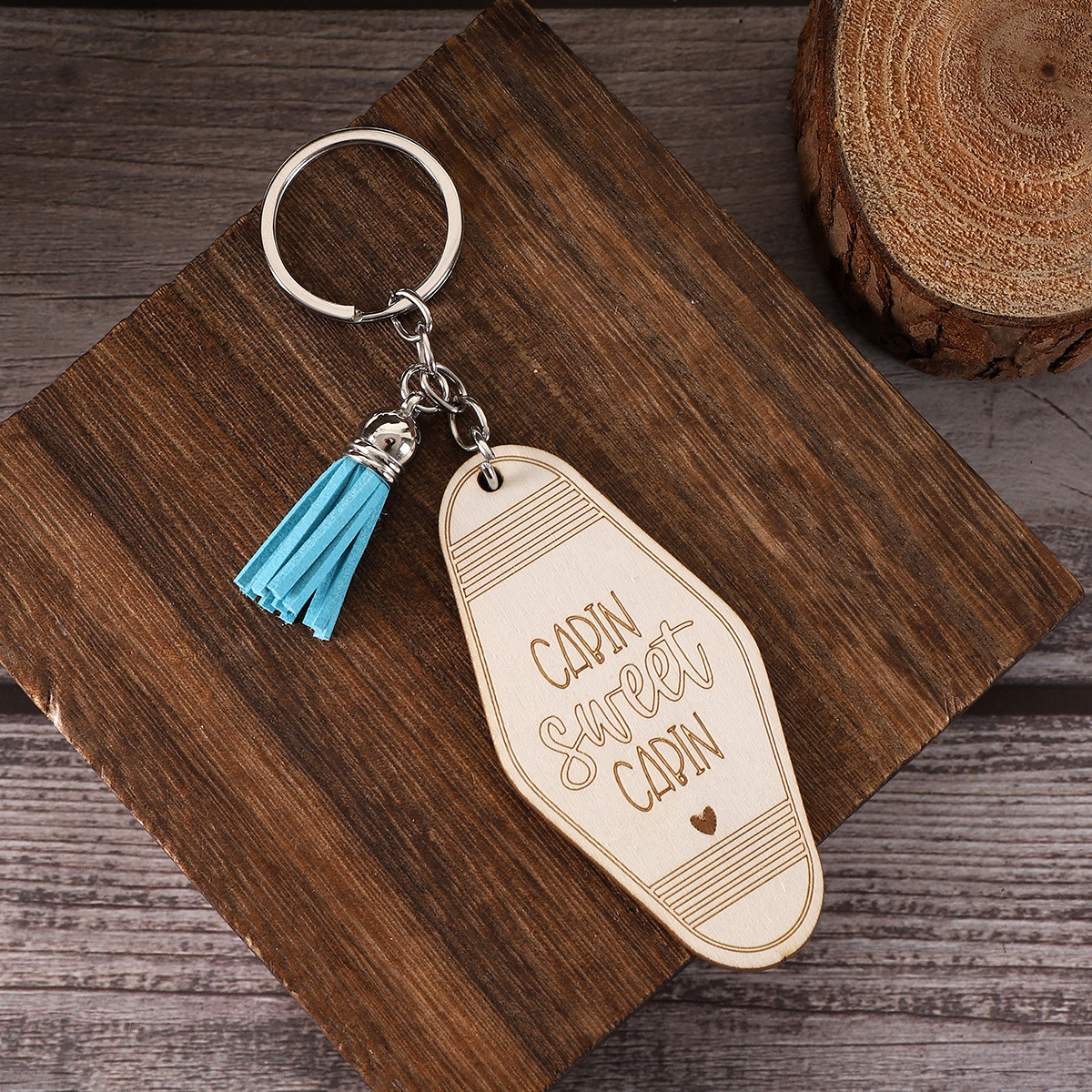 Cross-Border Wooden Key Buckle Tassel English Creative Letters Pendant Laser Engraving Amazon AliExpress