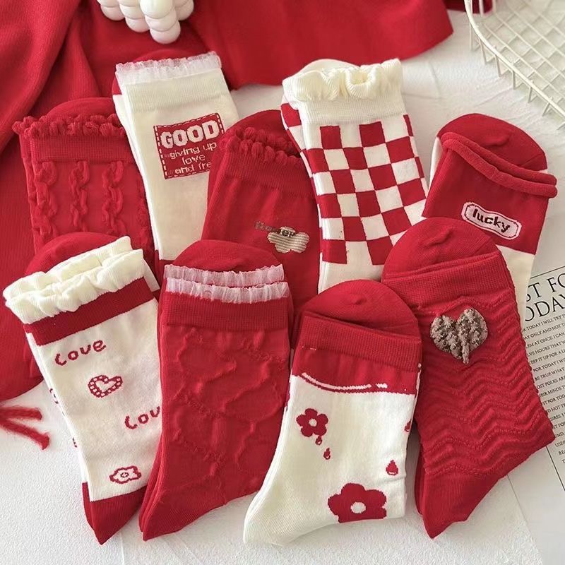 Red Socks Women's Festive Spring and Autumn Japanese Lace Mid-Calf Socks for New Year