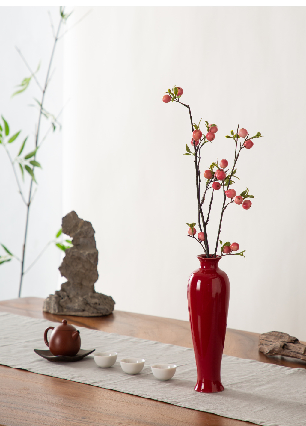 中式仿宋红色陶瓷花瓶古风禅意花器日式创意花插复古客厅插花摆件