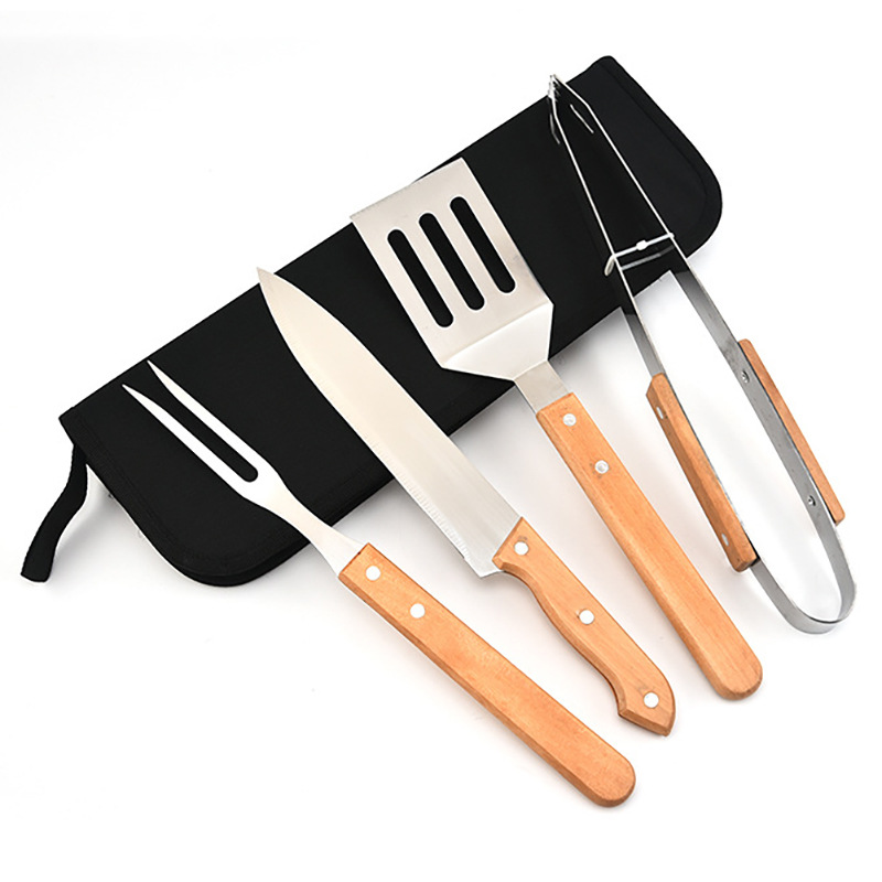 Portable Woven Handbag Stainless Steel with Wooden Handle Barbecue Suit Wholesale BBQ Four-Piece Set Outdoor Barbecue Tools