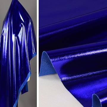 电光深蓝色满版烫金布 软镜子针织氨纶亮面仿皮料弹力柔软布料