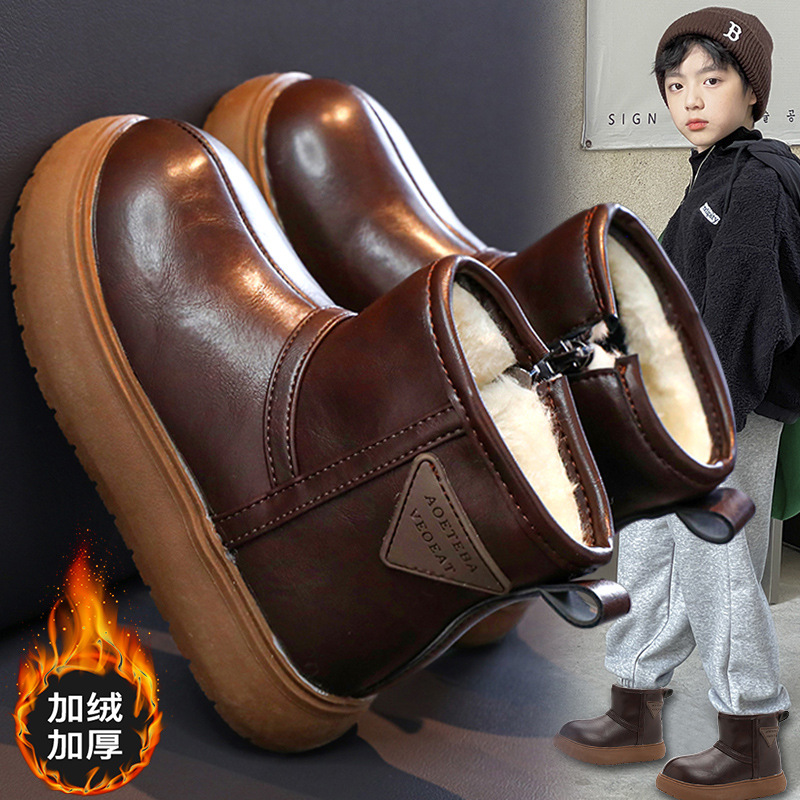 男童雪地靴女童加绒大棉鞋2025冬季新款防水儿童短靴保暖加厚棉靴