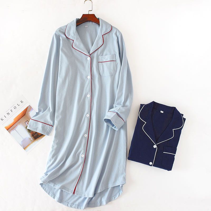 Long Dress Women's Spring Summer Autumn Pure Cotton Japanese Long Skirt Thin Long Sleeve Nightgown Pure Cotton Pajamas Solid Color Can Be Worn outside