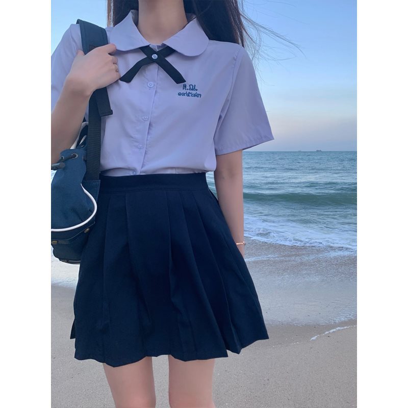 上衣泰国蓝色短袖日系衬衫女夏jk制服学院风套装校服清纯衬衣甜美