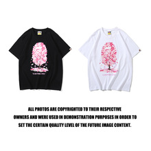 潮牌猿人头日本限定版粉色樱花树T恤男士休闲短袖打底衫