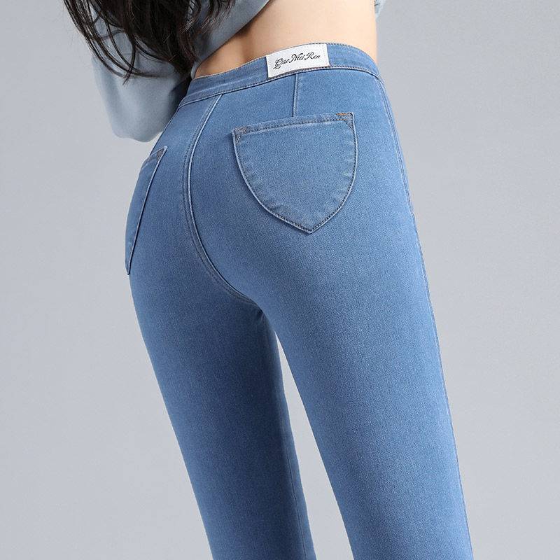紧身牛仔裤女欧美风春秋弹性提臀紧身蜜桃臀牛仔裤女小脚裤高腰收
